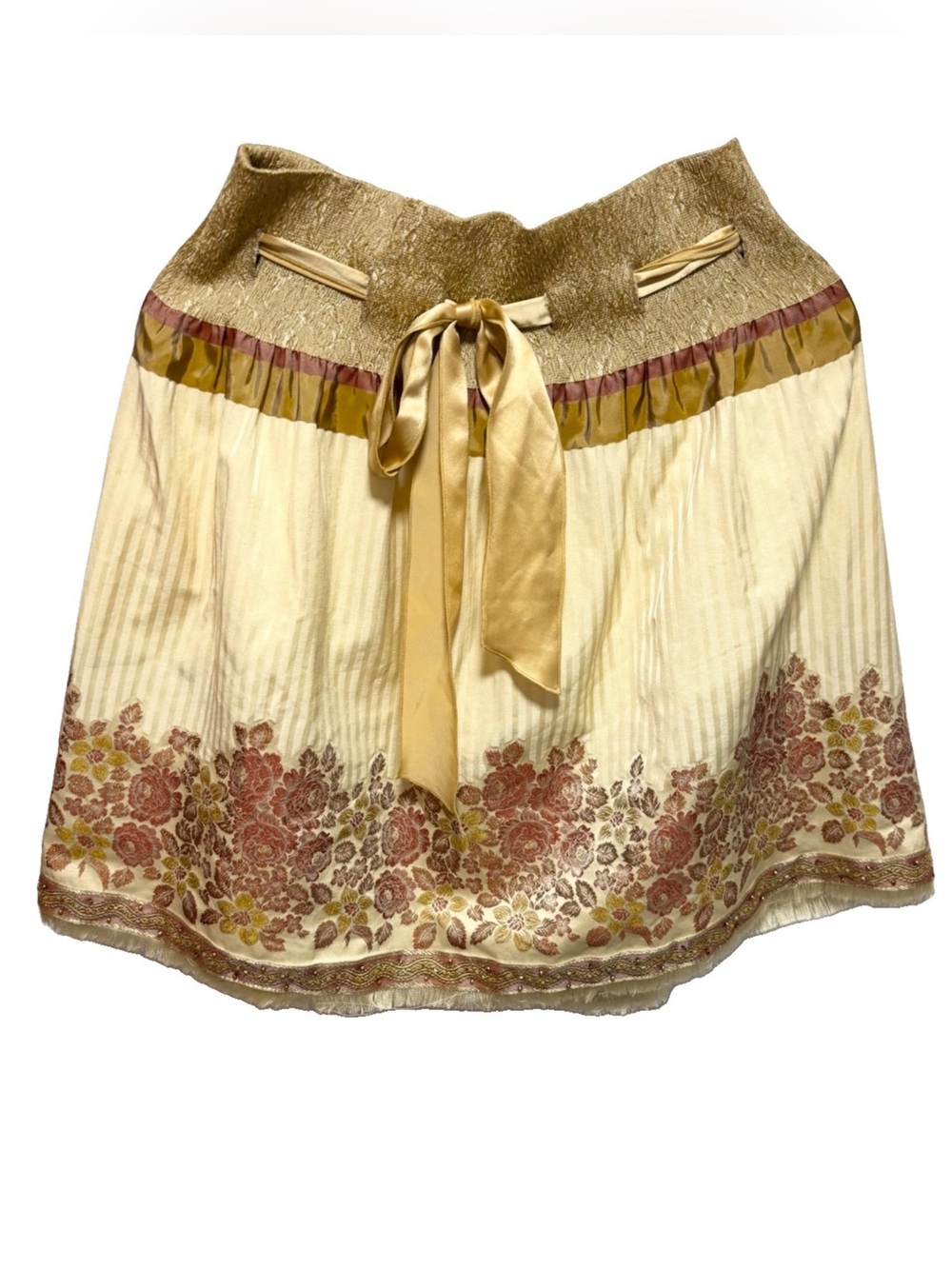 Sarah Jayne Cream Mini Skirt with Gold Waist Tie and Burgundy Floral Hem